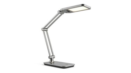 A modern, adjustable LED desk lamp with a sleek silver design, isolated on a white background. Perfect for home or office.