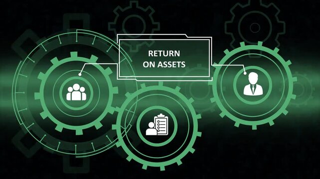 Futuristic digital illustration displaying the concept of Return On Assets. Glowing green gears connect icons for teamwork, management, and leadership on a dark technology background.