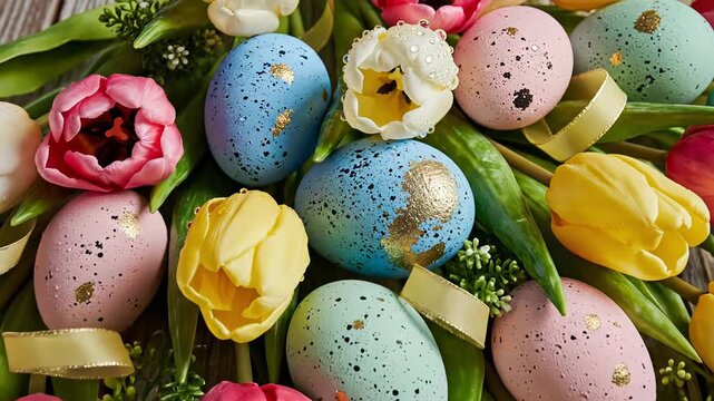 A beautiful and festive close-up arrangement showcases a vibrant collection of pastel-colored eggs, intricately speckled and adorned with delicate gold leaf accents. These decorative eggs are artfully