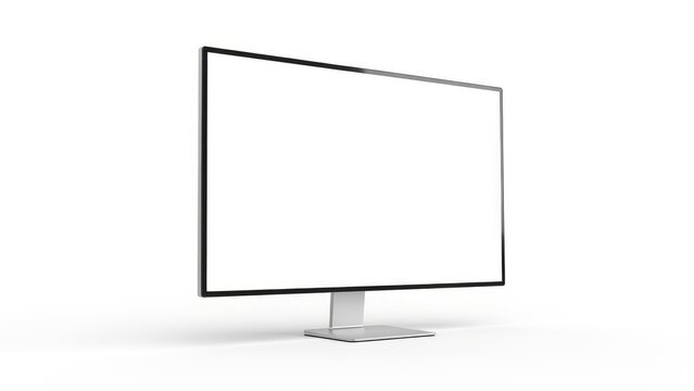 Modern computer monitor with a blank white screen, isolated on a white background. Perfect for mockups and digital content display.
