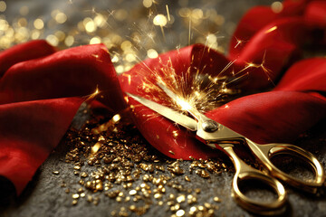 Grand opening celebration with golden scissors cutting red ribbon and vibrant fireworks sparkles create festive atmosphere with glittering confetti on dark background