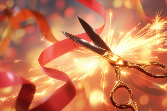 Grand opening celebration with golden scissors cutting red ribbon and vibrant fireworks in background creating festive and joyful atmosphere for special event - Powered by Adobe