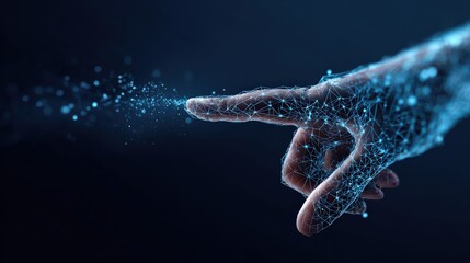 A digital-human hand interacting with an ethereal digital interface. This photo captures the innovative concepts of connection. ..Created with Generative AI, not depicting real subjects.