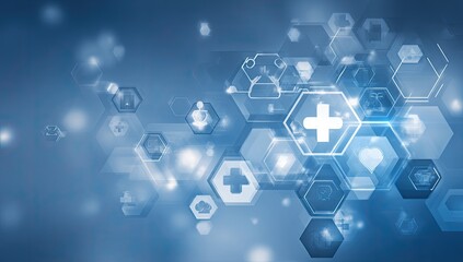 Abstract blue background with medical icons in hexagonal shapes, blurred effect