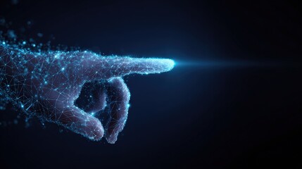 A mesmerizing, futuristic digital hand pointing toward a beam of light against a deep blue backdrop. ..Created with Generative AI, not depicting real subjects.