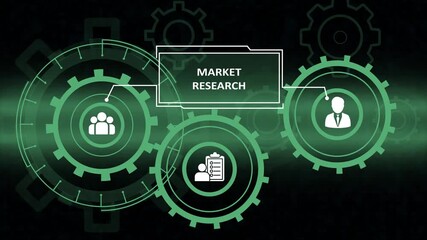 market research interface with green gears. digital business analysis and strategy concept on virtual screen. modern technology hud showing market research process. - Powered by Adobe
