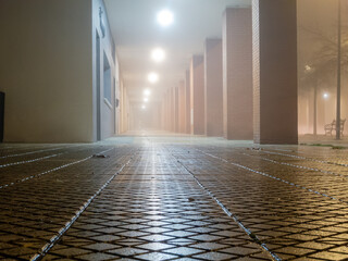 Urban Perspective on a Foggy Night: Wet Cobblestones and Diffused Lights.