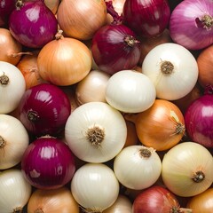 A close-up, overhead view showcases various colorful spherical vegetables of different hues. A mix of white, red and yellow produce is presented