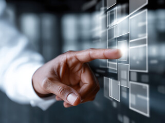Hand touching digital interface technology innovation touchscreen business modern interactive futuristic connection communication