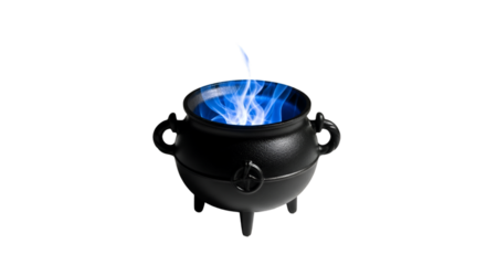 "Black Witch's Cauldron with Blue Magical Flame on White Background"
