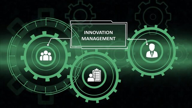 strategic innovation interface with connected cogwheels. innovative system technology graphic with glowing elements. teamwork and idea implementation network dashboard.