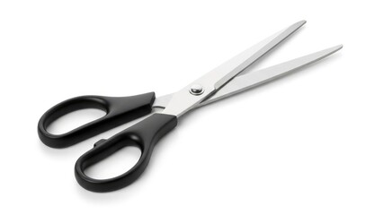 Sharp black-handled scissors with silver blades, open and isolated on a clean white background, ready for various cutting tasks.