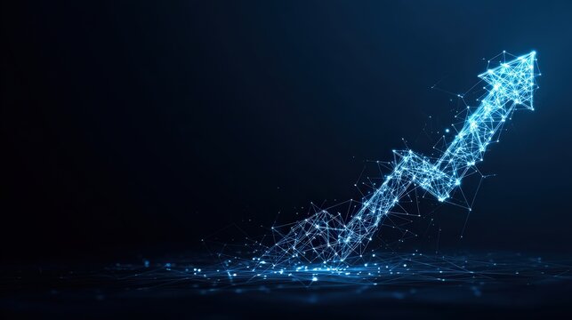 A futuristic arrow pointing upwards against a deep, dark backdrop, representing growth and progression in a dynamic, digital world. ..Created with Generative AI, not depicting real subjects. - Powered by Adobe