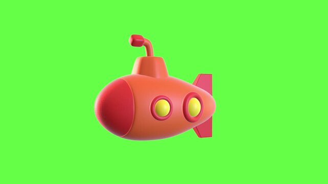 4K motion graphic 3D animation of submarine icon rotating on chroma key green screen background.