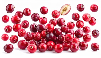 Fresh, scattered, glossy red berries with a sliced one, white background