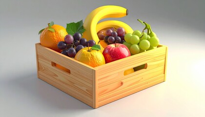Wooden crate brimming with colorful fresh fruits on a white surface
