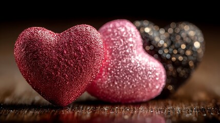 Fototapeta premium Colorful hearts shining on a wooden surface, perfect for Valentine's Day celebrations and conveying love