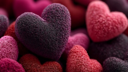 Collection of soft heart shapes in various shades of red and pink on a textured surface for Valentine's Day celebration