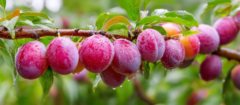 Ripe purple plums growing on a tree branch after rain