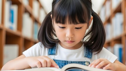 Focused young girl engrossed in reading a book in a library setting