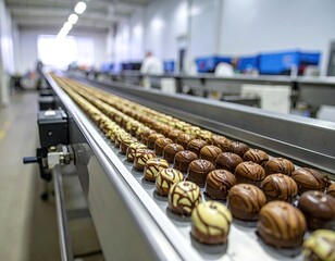 Rows of chocolates on a conveyor belt in a factory