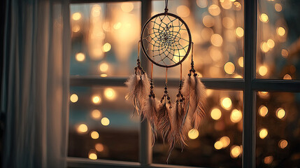 Dream catcher hanging peacefully in a home window concept. A beautifully crafted dreamcatcher hanging by a window.