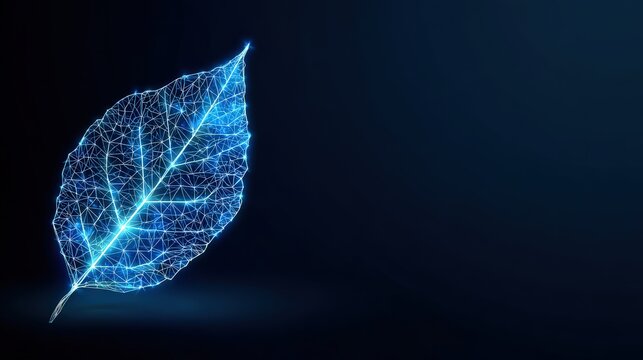 A digital illustration of a glowing leaf on a dark blue backdrop, symbolizing the intersection of technology and nature. ..Created with Generative AI, not depicting real subjects.