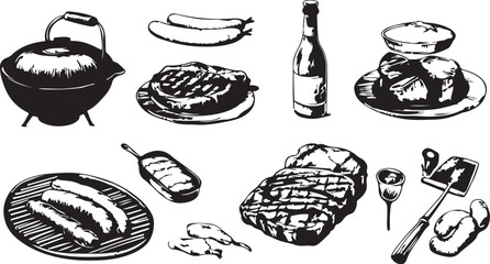 Vintage hand drawn vector illustration set of food icons featuring sketches of bread, pizza, meat, and bakery items for restaurant design