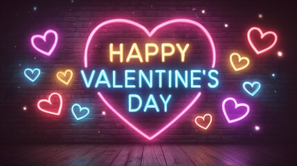 Bright neon sign shows a heart design with a text that celebrates Valentine's Day and captures festive moments in the evening