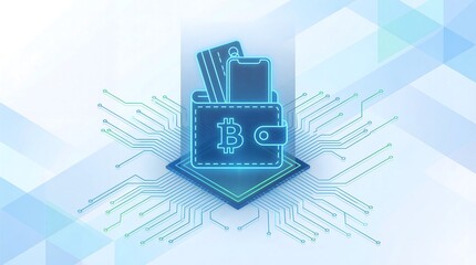 A digital illustration of a Bitcoin wallet on a circuit board background