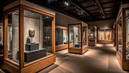 Native American artifact collection of cultural heritage concept. A modern museum gallery displaying historical artifacts and exhibits.