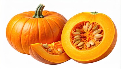 A vibrant orange pumpkin, cut open, revealing seeds and pulp