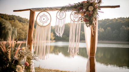 Boho style wedding arch with dream catchers in early autumn concept. A serene lakeside setting with decorated dreamcatchers.