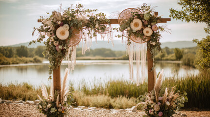 Boho style wedding arch with dream catchers in early autumn concept. Beautiful floral wedding arch by a serene lakeside setting.