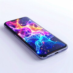 Sleek smartphone showing a vibrant abstract network on a white surface