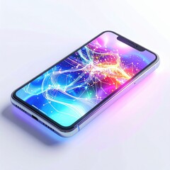 Smartphone displaying an abstract, colorful, network-like image on a white surface