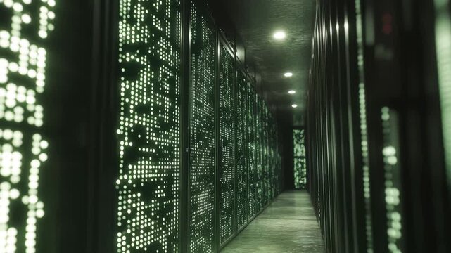 High-tech server room with binary coding and artificial intelligence text illuminated on walls, binary coding and ai text over server room