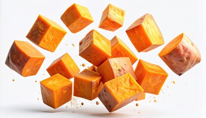Cubed orange vegetables seemingly levitating against a white backdrop