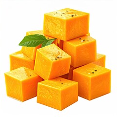 Cubes of cheddar cheese with basil, arranged on white background