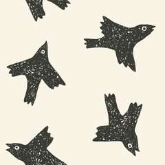 Hand-drawn silhouette birds. Seamless background.