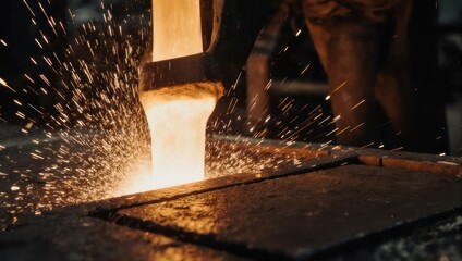 Molten metal pouring in a foundry, creating sparks and intense heat.