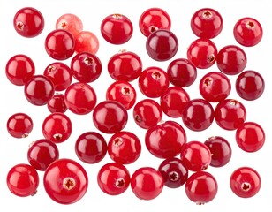 A scattering of vibrant, round, red berries on a plain white background