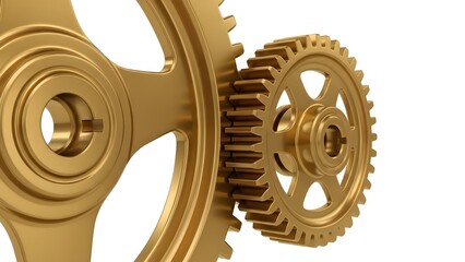 gold gears on whiteGolden Gears on White Background &ndash; Metallic Mechanical Cogwheels, Industrial Machinery Parts, Precision Engineering, Technology Automation Concept, Manufacturing Equipment, Business