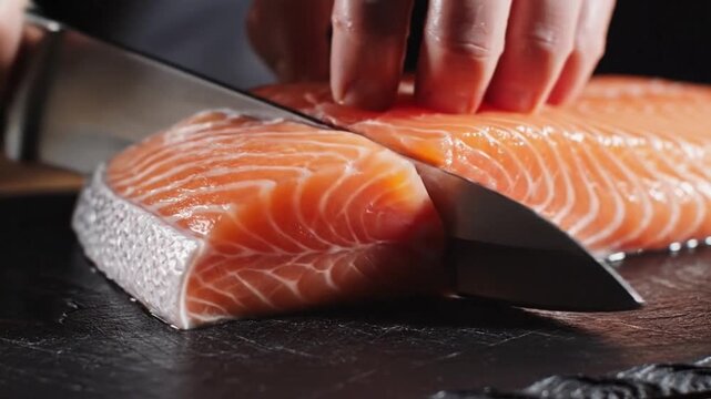 Slicing Fresh Salmon Fillets on a Dark Surface with a Sharp Knife