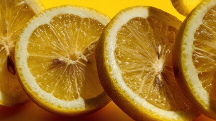 Close up view captures multiple bright yellow citrus fruit slices arranged against a vibrant background
