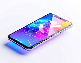 Modern smartphone with a vibrant digital network display, angled on white