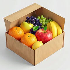A cardboard box overflowing with a variety of fresh colorful fruits