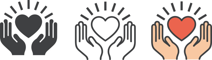 Obraz premium Hands Holding Heart Icon in Three Styles Keywords: hands, heart, love, care, compassion, support