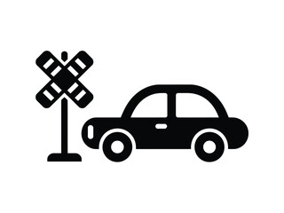 Black silhouette of car and railroad crossing sign isolated on transparent background for safety