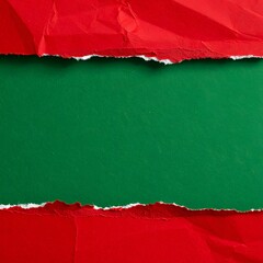 Torn red paper reveals green background; edges are textured